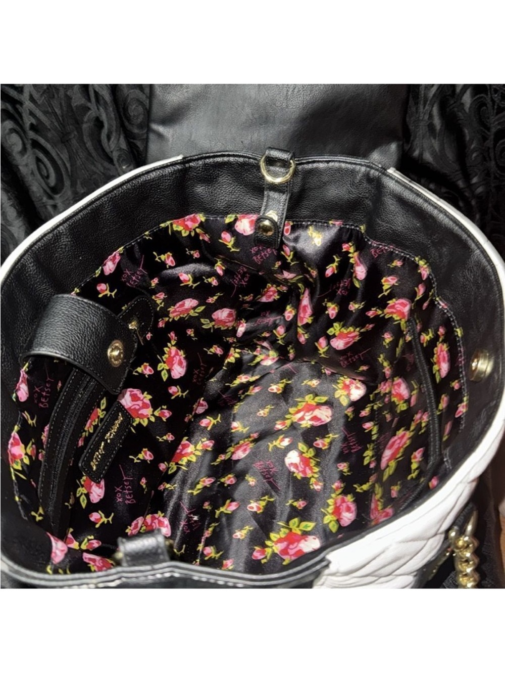 Black & White Tote Bag with Floral Embroidery - Picture 14 of 15